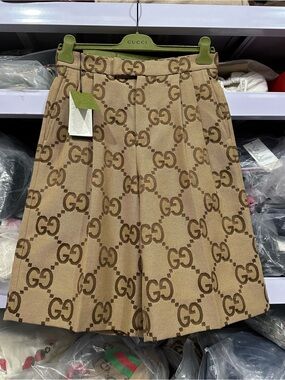 Gucci Brown Beige GG Logo A-Line Pleated Skirt